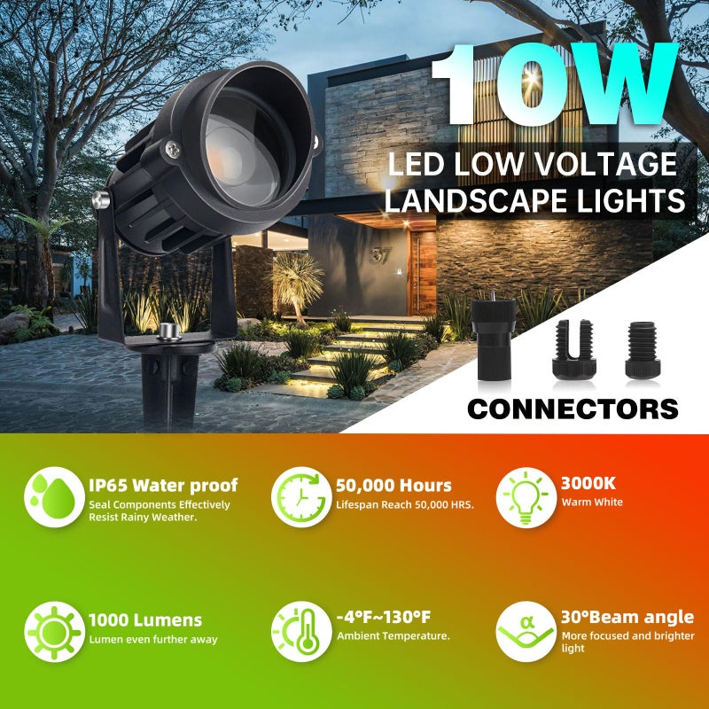 LAVAED 10W LED Landscape Lights 12V Outdoor Spotlight with Connectors Low Voltage Landscape Lighting Warm White Waterproof Yard Uplight(6 Pack) - Image 2